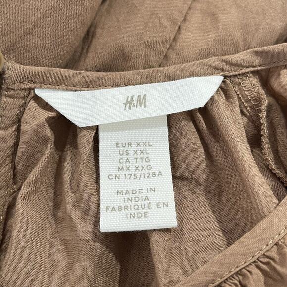 H&M Cotton Puff Sleeve Tie Waist Dress Plus Size XXL Tan Boho Travel - Picture 9 of 11